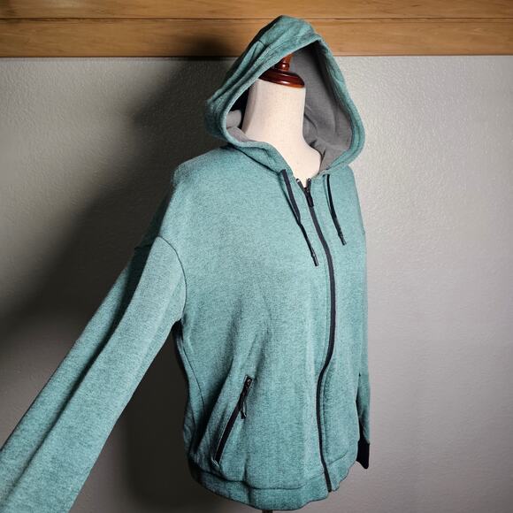 REI Hoodie Zip Up Sweatshirt Heathered Green with Black Trim Drawstring Hood Lg - Picture 2 of 11